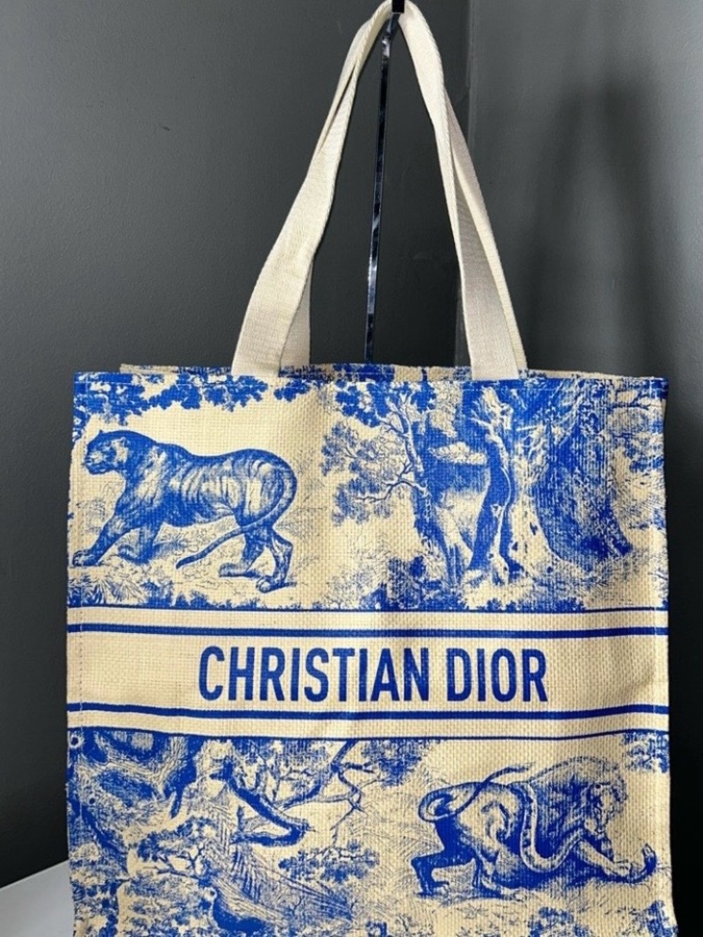 Dior Blue and Cream Toile Raffia Tote